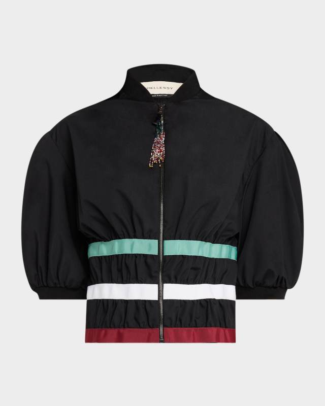 Zora Puff-Sleeve Ribbon Zip-Front Shirt